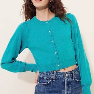 Free People Cashmere Teal Pearl Button-Up Cardigan Sweater